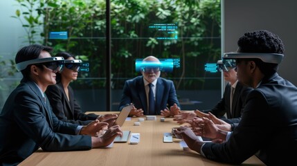 Skilled business people wearing VR glasses while planning strategy. Skilled project manager analyzing marketing data while talking and checking at financial plan.Technology innovation concept. AIG42.