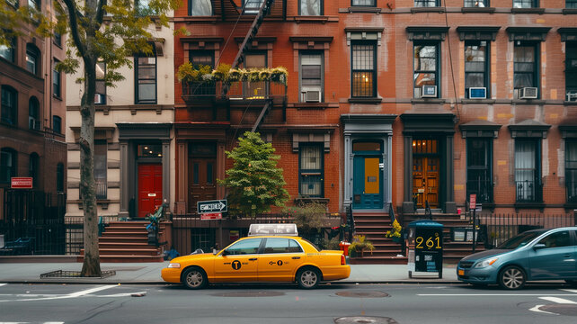 A bustling street corner adorned with charming townhouses, capturing the vibrant energy of city life in a residential neighborhood