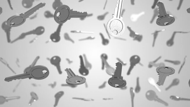 3D Silver Textured Door Keys Falling Animation. Key Lock 3D. 4K
