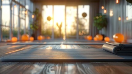 Blurred background of the interior of a yoga and meditation studio