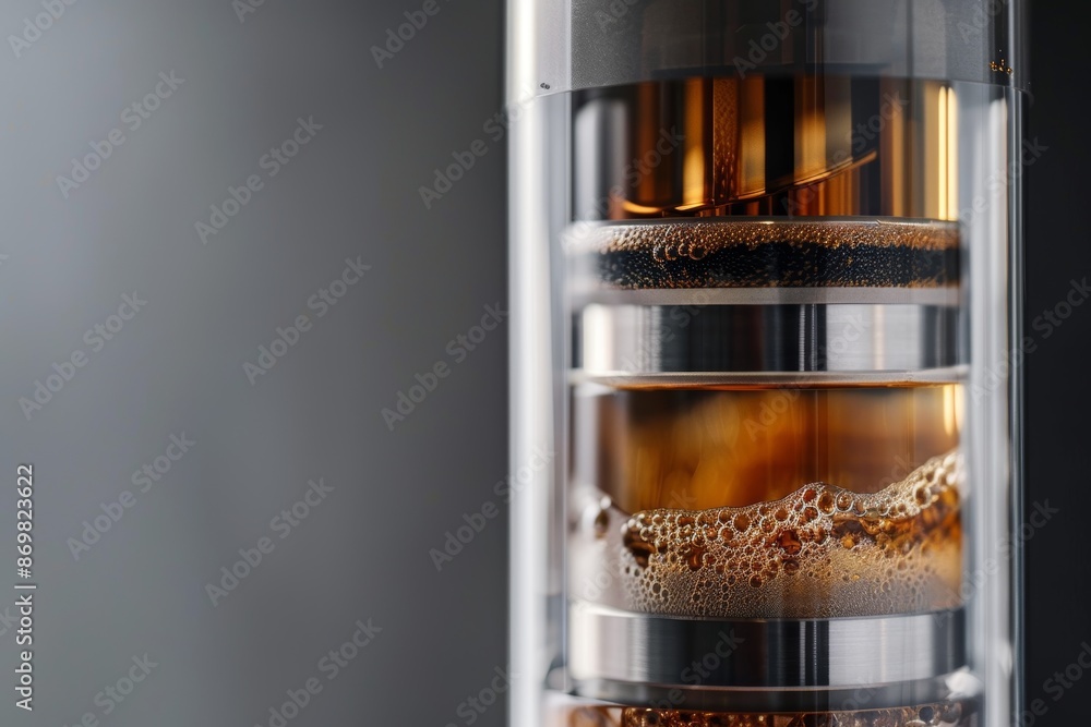 Poster high-tech water filter bottle close-up showing filtration process and purification layers