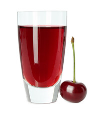 Delicious cherry liqueur in shot glass and berry isolated on white