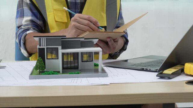 Professional architect team and engineer discuss about architectural project on meeting table with safety helmet, wooden block and architectural document scatter around. Closeup. Delineation.
