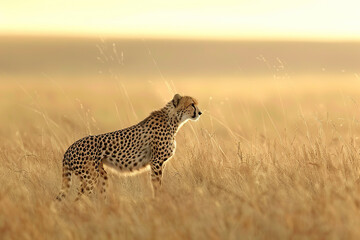 Naklejka premium A cheetah is standing in tall grass in the wild, generative ai image.