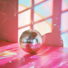 y2k disco ball in a pink room with colorful light