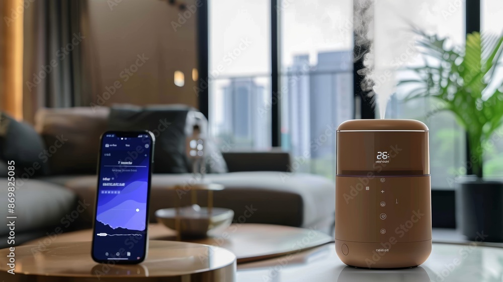 Poster high-tech smart air humidifier in modern home setting with smartphone control display