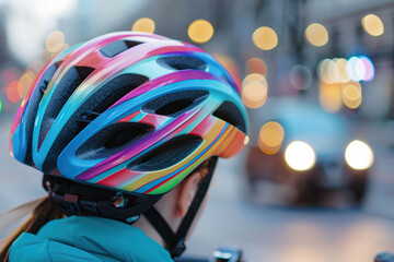 Back view of woman wearing colorful bicycle helmet for protection