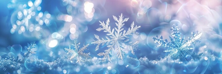 Winter background with snowflake. Christmas floating ice crystals in bright colors. Close-up of landscape with snow and ice.