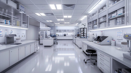Capture the clean, advanced design of a pathology lab with diagnostic tools and organized workspaces 