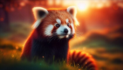 Obraz premium roter Pandabär im Sonnenuntergang