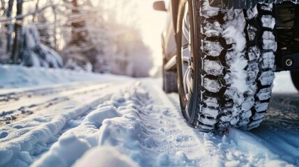 Wheel of the car. Winter tires on a snowy road.