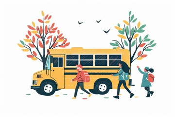 A parent waves goodbye as their child boards the school bus, marking a milestone in their growth. The illustration captures the mix of emotions on their faces.