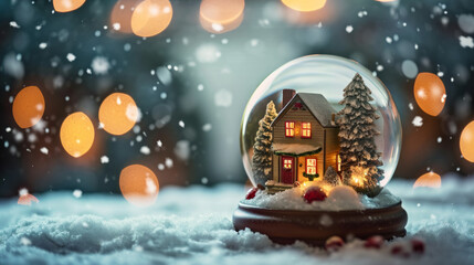 Fototapeta premium Miniature Christmas scene with tiny house in snow glass Globe