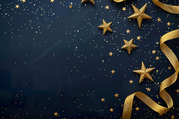 Naklejka premium A blue background with gold stars and a gold ribbon, generative ai image.