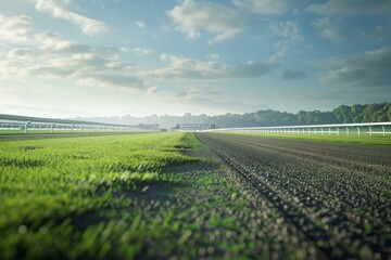 A quiet image of an empty horse racing track, with the starting gates in the distance. Hyper realistic. Shot with canon 5d Mark III --ar 3:2 --style raw Job ID: 377dcb9e-fadb-4b66-93b4-1bdc0db68263
