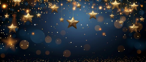 Shiny golden stars on navy blue background. Holiday confetti on New Year's Eve bokeh wallpaper, Christmas, beautiful wallpaper.