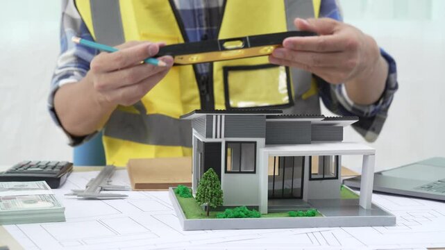 Professional architect team and engineer discuss about architectural project on meeting table with safety helmet, wooden block and architectural document scatter around. Closeup. Delineation.