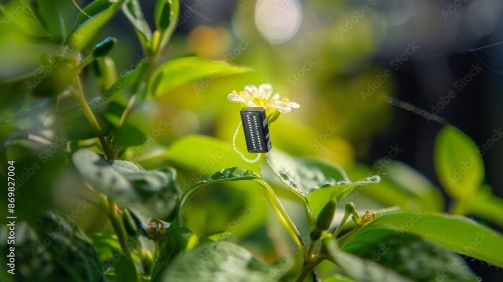 Poster a closeup of a smart plant sensor attached to a delicate flower highlighting the sensors ability to 