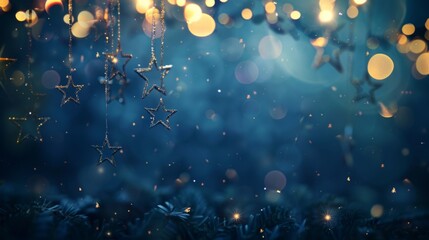 Shiny golden stars on navy blue background. Holiday confetti on New Year's Eve bokeh wallpaper, Christmas, beautiful wallpaper.