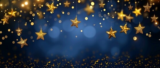 Shiny golden stars on navy blue background. Holiday confetti on New Year's Eve bokeh wallpaper, Christmas, beautiful wallpaper.