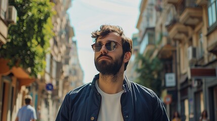 Fototapeta premium A young man standing in the Yerevan street, stylish, with sunglasses, brown beard and hairs