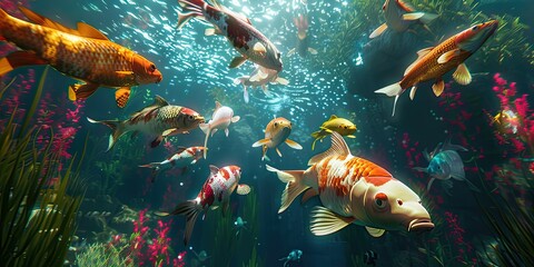 Vibrant Koi Fish in Garden Pond