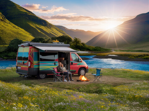 Colorful Campervan Parked by a River in a Scenic Valley at Sunset