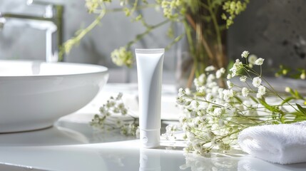 Toothpaste for Sensitive Teeth with Delicate Flowers on White Bathroom Countertop - Design for Print, Card, Poster