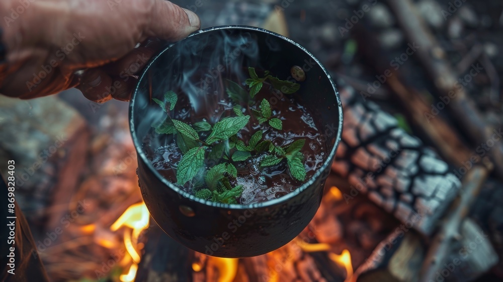 Poster a pot of hot cocoa is being made over the campfire with a handful of wild mint leaves adding a refre