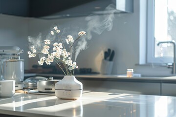 Modern Kitchen Interior with Elegant Air Freshener and Orchid Floral Arrangement for Home Decor Ideas