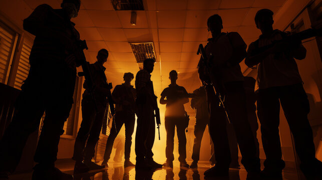 A group of people with fire arms in their hand standing in the room, silhouette