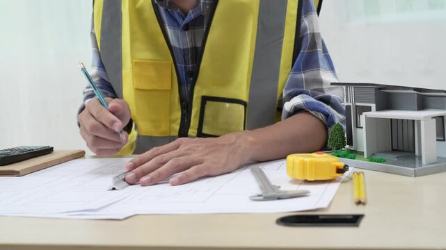 Professional architect team and engineer discuss about architectural project on meeting table with safety helmet, wooden block and architectural document scatter around. Closeup. Delineation.