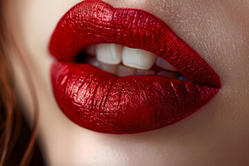 Closeup of red lips with glossy lipstick. Texture and vibrant color