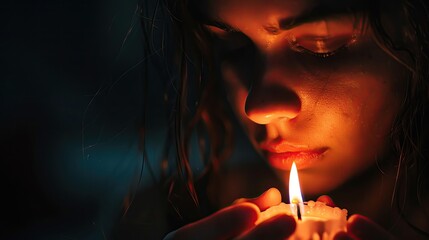 Obraz premium A close-up of a thoughtful woman holding a lit candle. The flame illuminates her face in the dim lighting, creating a moody atmosphere.