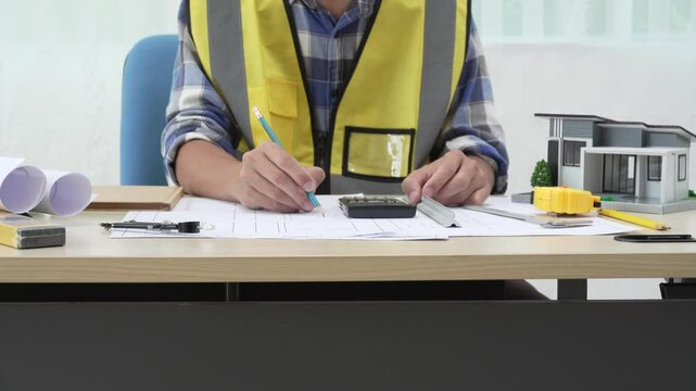 Professional architect team and engineer discuss about architectural project on meeting table with safety helmet, wooden block and architectural document scatter around. Closeup. Delineation.