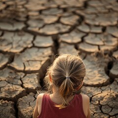 A young girl stands on cracked, dry earth, symbolizing drought, climate change, and environmental challenges.