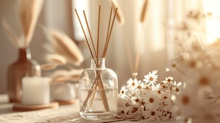 Vanilla Scented Air Freshener Bottle with Flowers in Cozy, Warm Beige Background for Home Decor