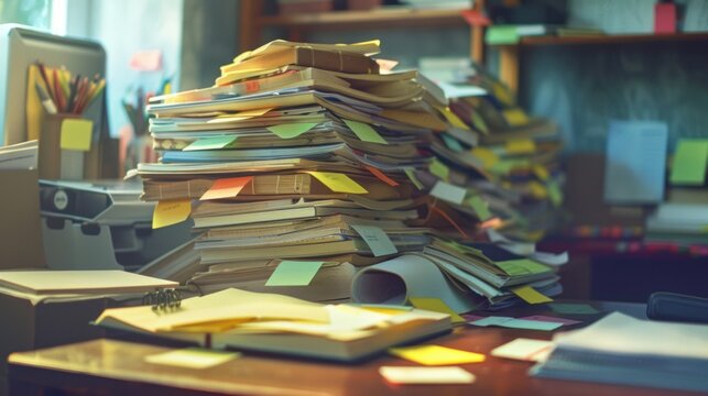 Messy Office Desk with Stacks of Papers and Sticky Notes - A cluttered office desk overflowing with stacks of papers, books, and colorful sticky notes, representing a busy and chaotic workspace.