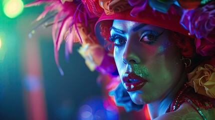 Obraz premium Portrait of a glamorous woman in vibrant makeup and a colorful flower headdress, illuminated by colorful lights at a nightlife event.
