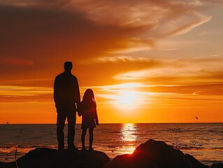 Silhouette of a man and child holding hands while watching a beautiful, vibrant sunset over the ocean from rocky shoreline.