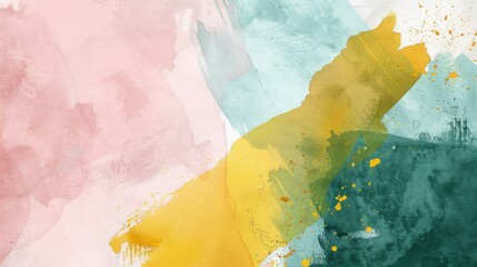 Abstract picture. Color combinations, watercolor textures. Mint and rose colored elements, mustard yellow, white, 