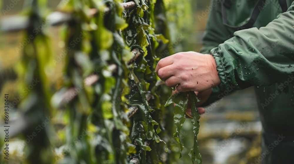 Poster a person carefully threading strings of seaweed through a homemade drying rack.