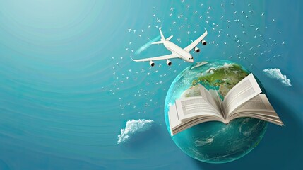 Naklejka premium Airplane flying around the rotating earth, 3D vector. Modern design. World travel concept 