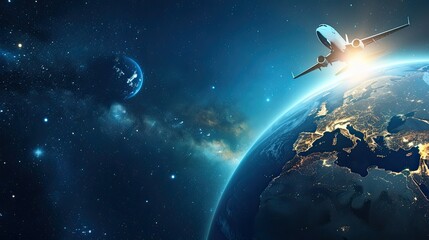 Airplane flying around the rotating earth, 3D vector. Modern design. World travel concept 