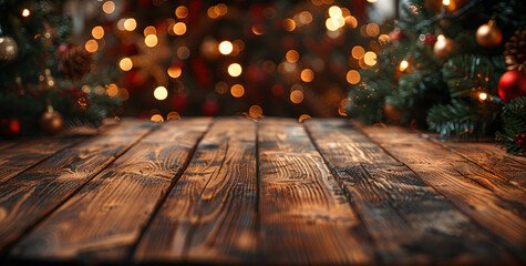 a wooden table top on a blurred background of a Christmas tree in the room. A New Year's concept with space for text.