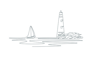 Drawing lighthouse with single continuous line. Sailboat floats on water. Rocky shore one line drawing. Ocean shore in one line. Doodle on white isolated background. Simple modern illustration.