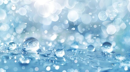 Clear water drops on a blue-white background There are soft waves when exposed to light, giving a refreshing feeling and blurring the softness of the water surface. 