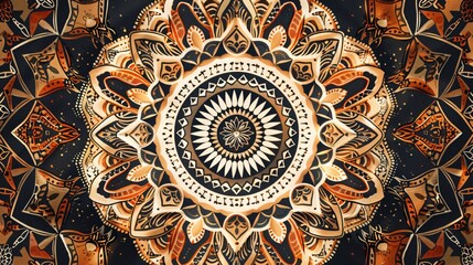 A symmetrical mandala pattern with intricate geometric shapes like circles, triangles, and squares, radiating from a central point