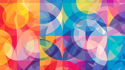 Obraz premium A vibrant geometric pattern with overlapping circles and polygons in a rainbow of colors, creating a joyful and lively design