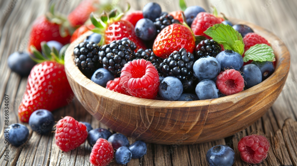 Wall mural A vibrant mix of berries in a wooden bowl, including strawberries, raspberries, blueberries, and blackberries, with a few leaves for contrast